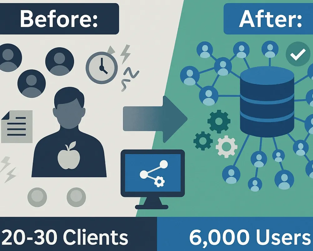 Before and after transformation showing scaling from 20-30 one-on-one coaching clients to 6000 user platform with automation